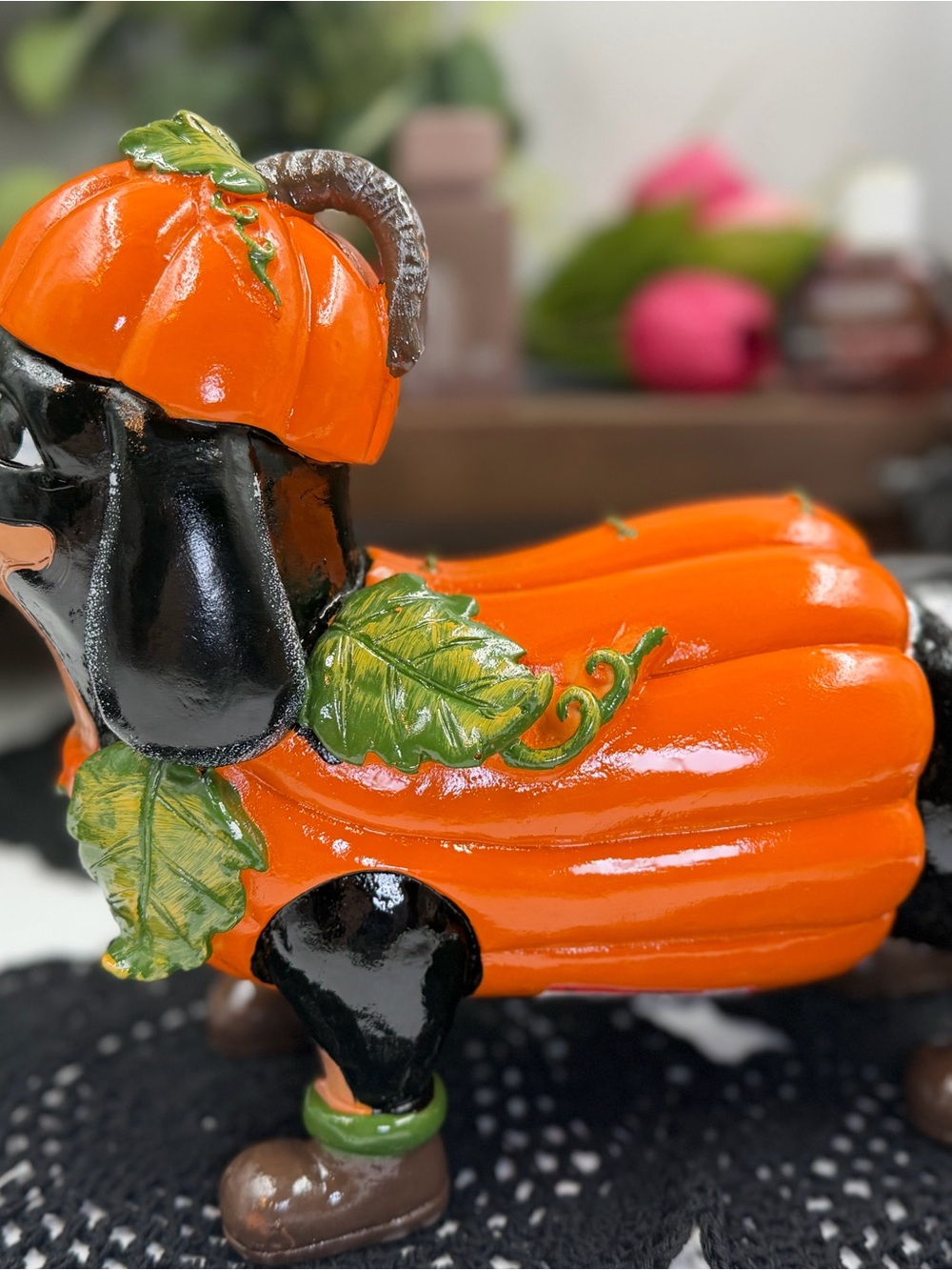 viral halloween dachshund dog pumpkin costume figurine fall decor